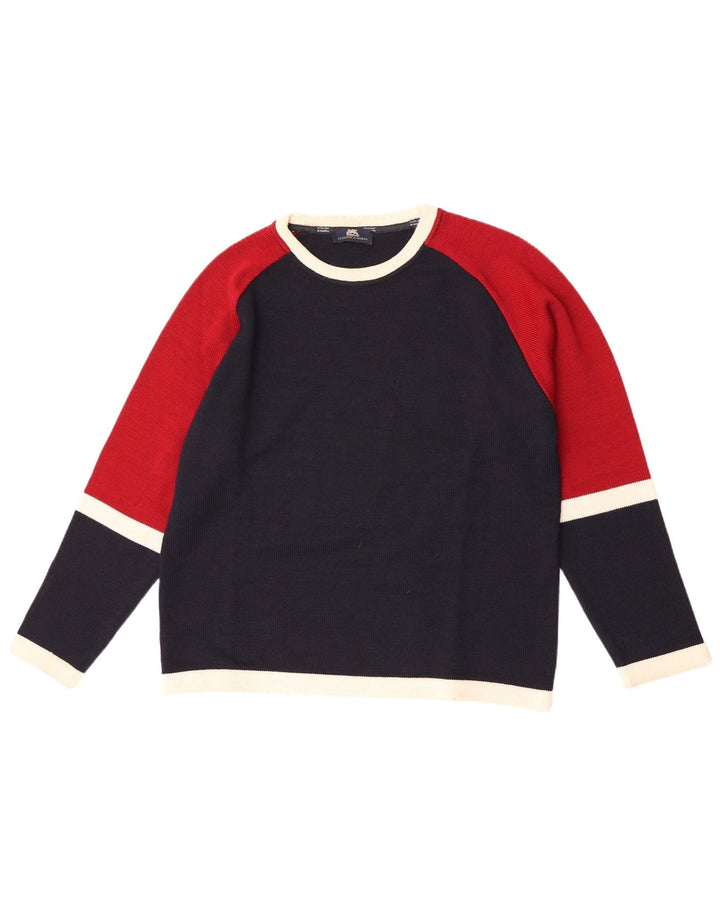 Pulover vintage pentru bărbați cu gâtul turnat, lână color block, albastru mic
