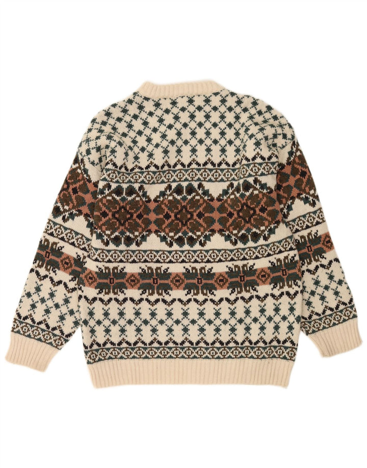 Pulover vintage pentru bărbați cu gât roșu IT 50 Medium White Fair Isle Lână