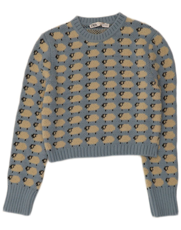 Pulover pentru femei Zara Crop Crew Gate UK 12 Medium Blue Animal Print