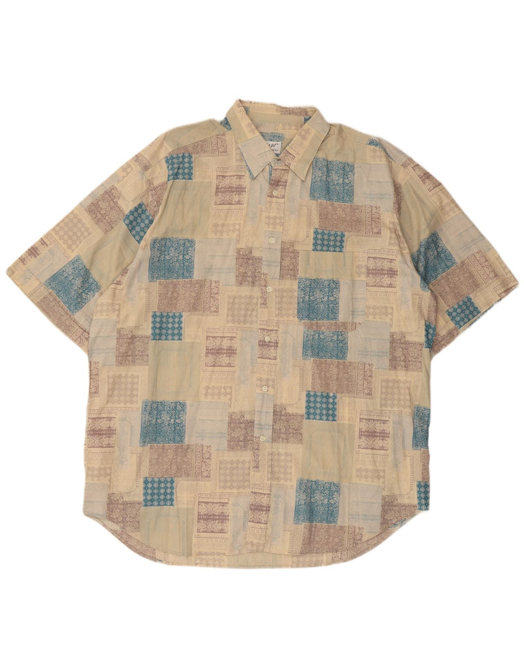 Cămașă vintage pentru bărbați cu mânecă scurtă XL bej mozaic