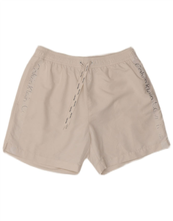 Pantaloni scurți de înot grafic Calvin Klein pentru bărbați, poliester alb mediu