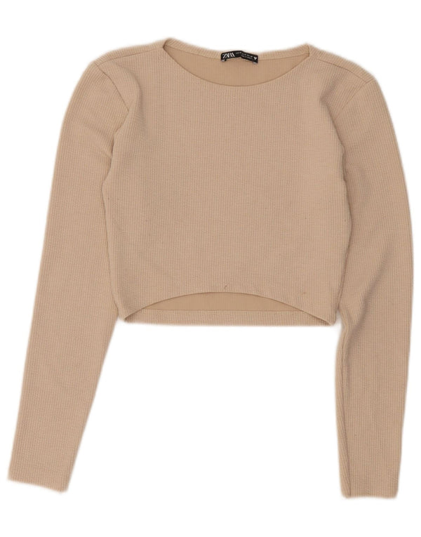 Crop Top pentru femei Zara cu mânecă lungă UK 12 Medium Bej Poliester