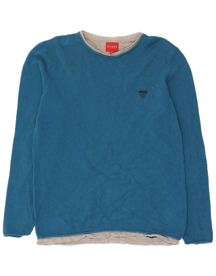 Top pentru bărbați Guess cu mânecă lungă, mare, albastru, color block, bumbac