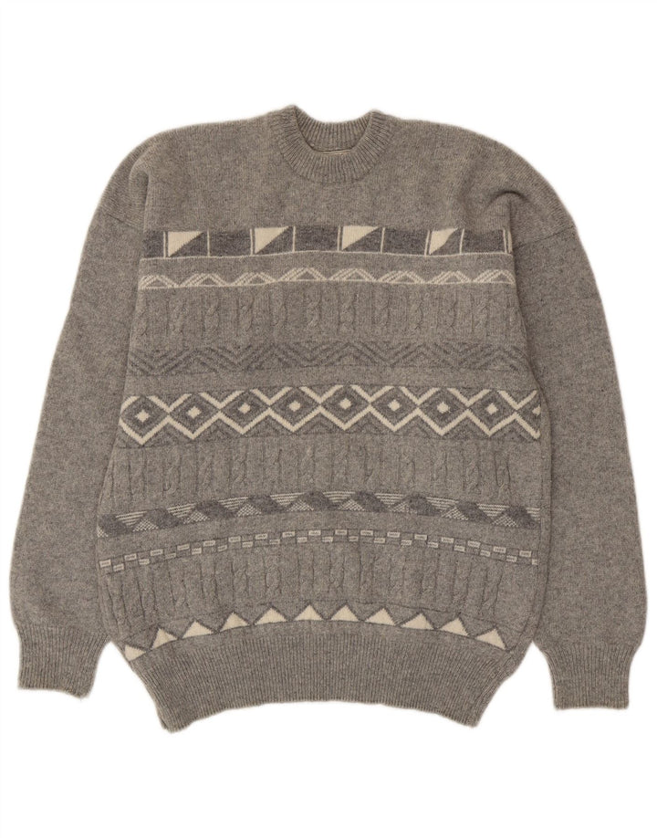 Pulover vintage pentru bărbați cu decolteu rotund, gri mediu geometric
