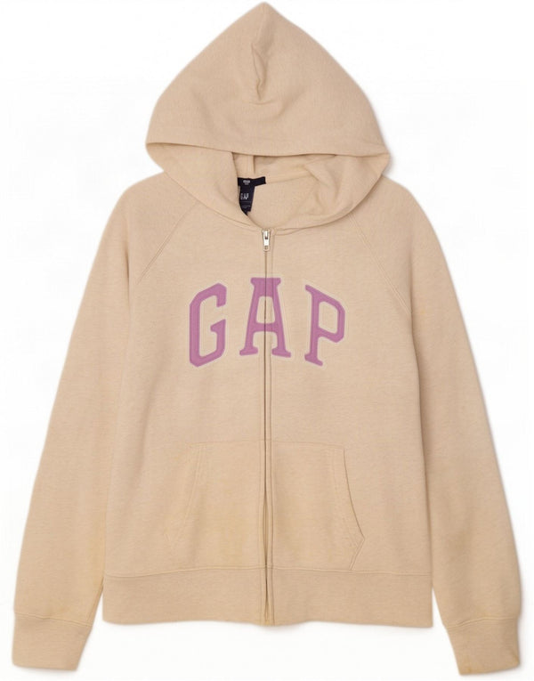 Gap Pulover cu capota cu fermoar grafic pentru femei UK 16, mare, bej, bumbac cu pete