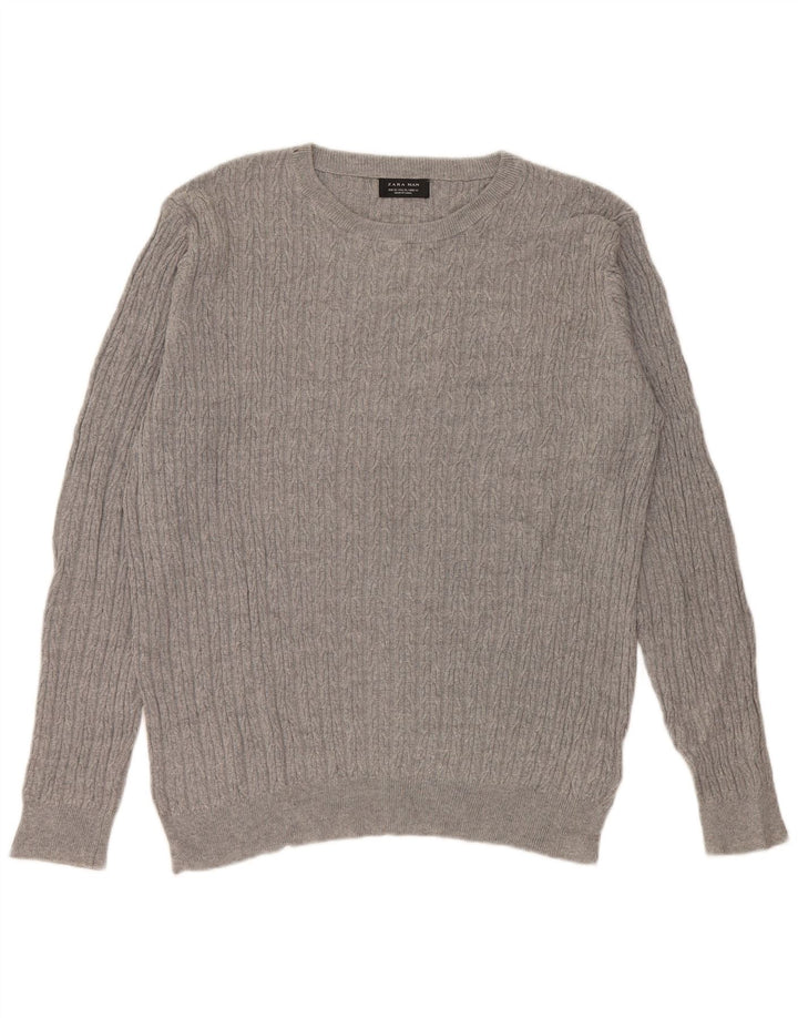 Pulover pentru bărbați Zara, cu gât crew, XL, bumbac gri