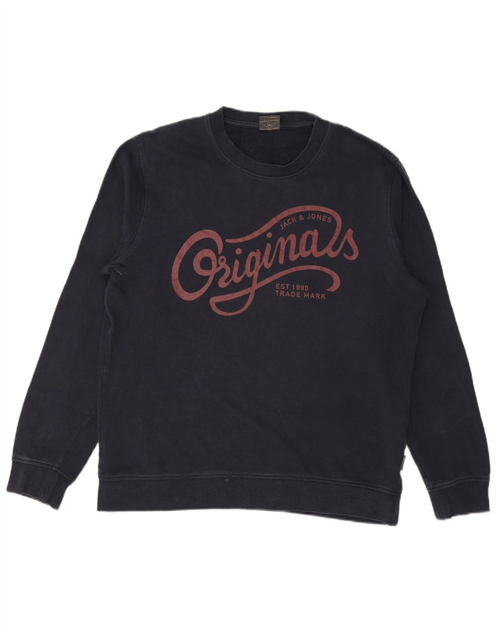 JACK & JONES Hanorac grafic pentru bărbați Pulover mare din bumbac bleumarin
