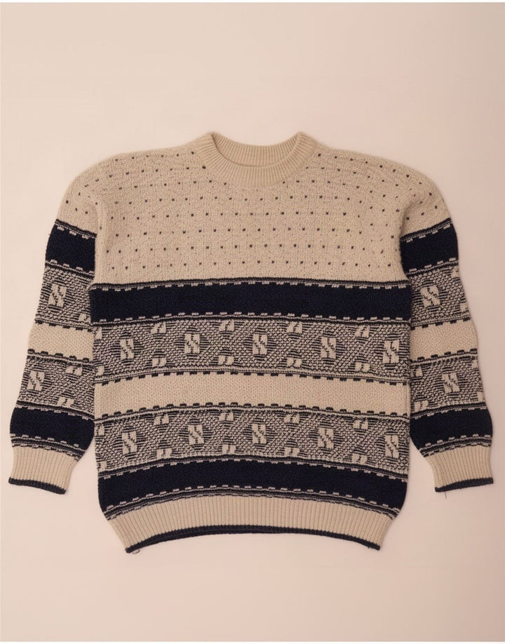 Pulover vintage pentru bărbați cu decolteu triplu, mare, bej, geometric