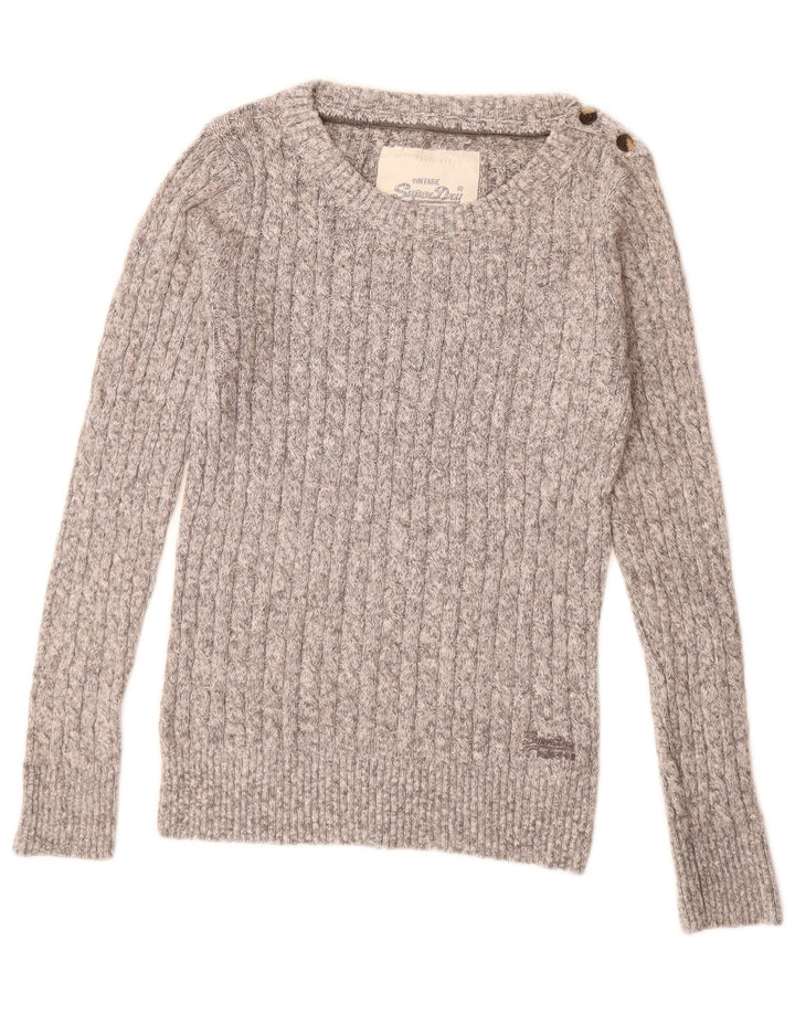 SUPERDRY Pulover pentru damă cu gât de barcă UK 14 mare, gri bumbac cu pete