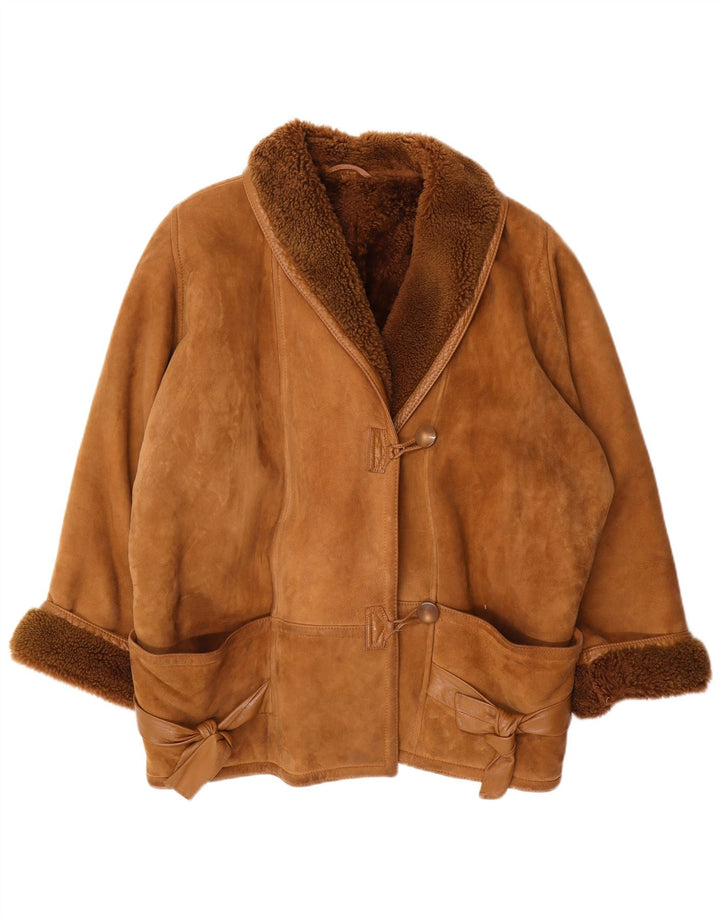 Jachetă din shearling supradimensionată pentru femei vintage cu mâneci 3/4 EU 46 XL maro