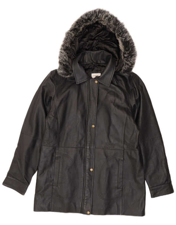 Jachetă de piele cu glugă vintage pentru femei UK 14 Medium Black