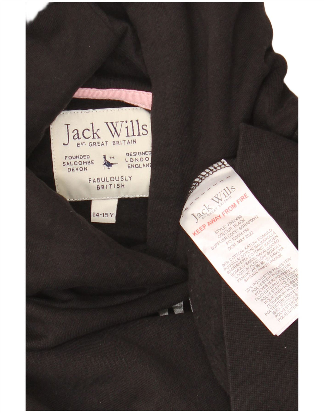 JACK WILLS Pulover pentru fete, crop supradimensionat, cu glugă, 14-15 ani, negru