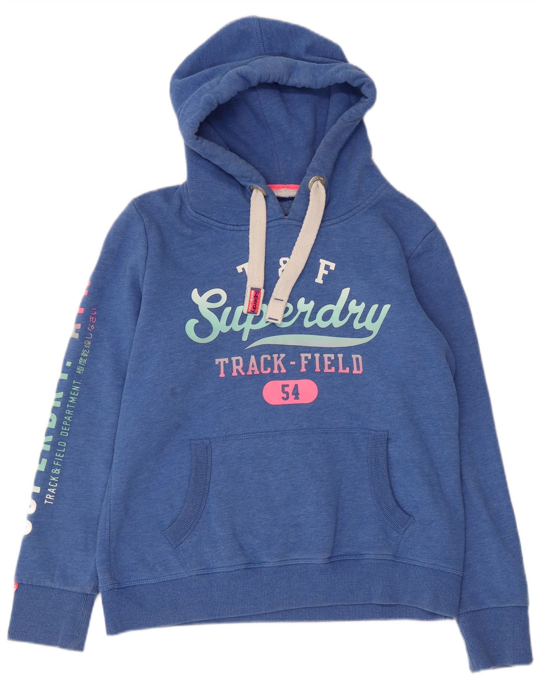 SUPERDRY Pulover cu glugă cu grafic pentru femei UK 16, mare, albastru, bumbac cu pete