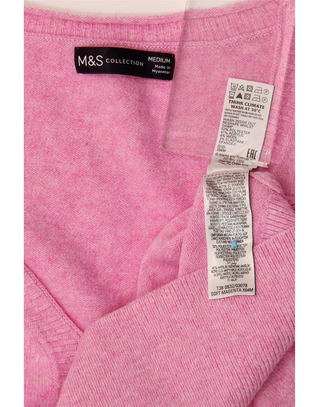 Pulover cu decolteu în V supradimensionat pentru femei Marks & Spencer UK 14 Roz mediu