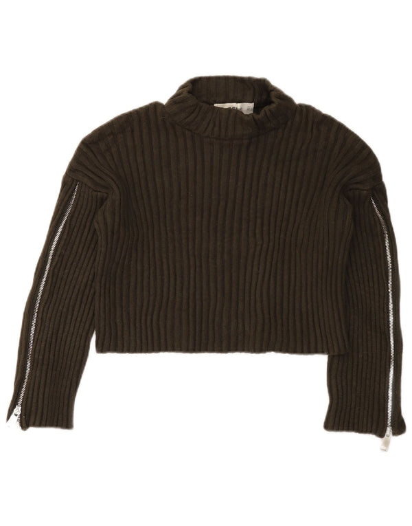 Zara Womens Crop Oversized Turtle Neck Jumper Sweater UK 10 Small Khaki