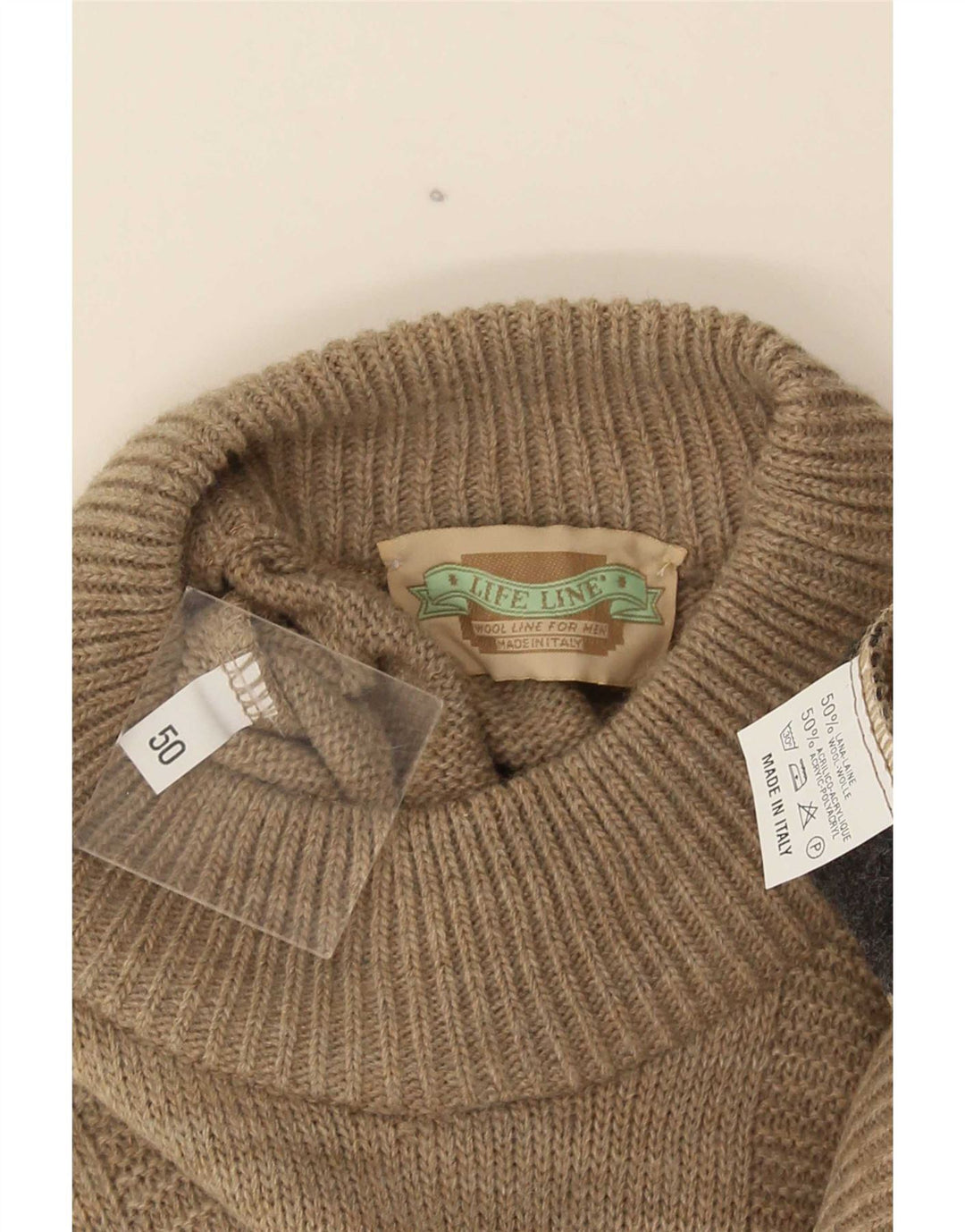 Life Line Pulover pentru bărbați cu gât roșu IT 50 Medium Bej Geometric Lână