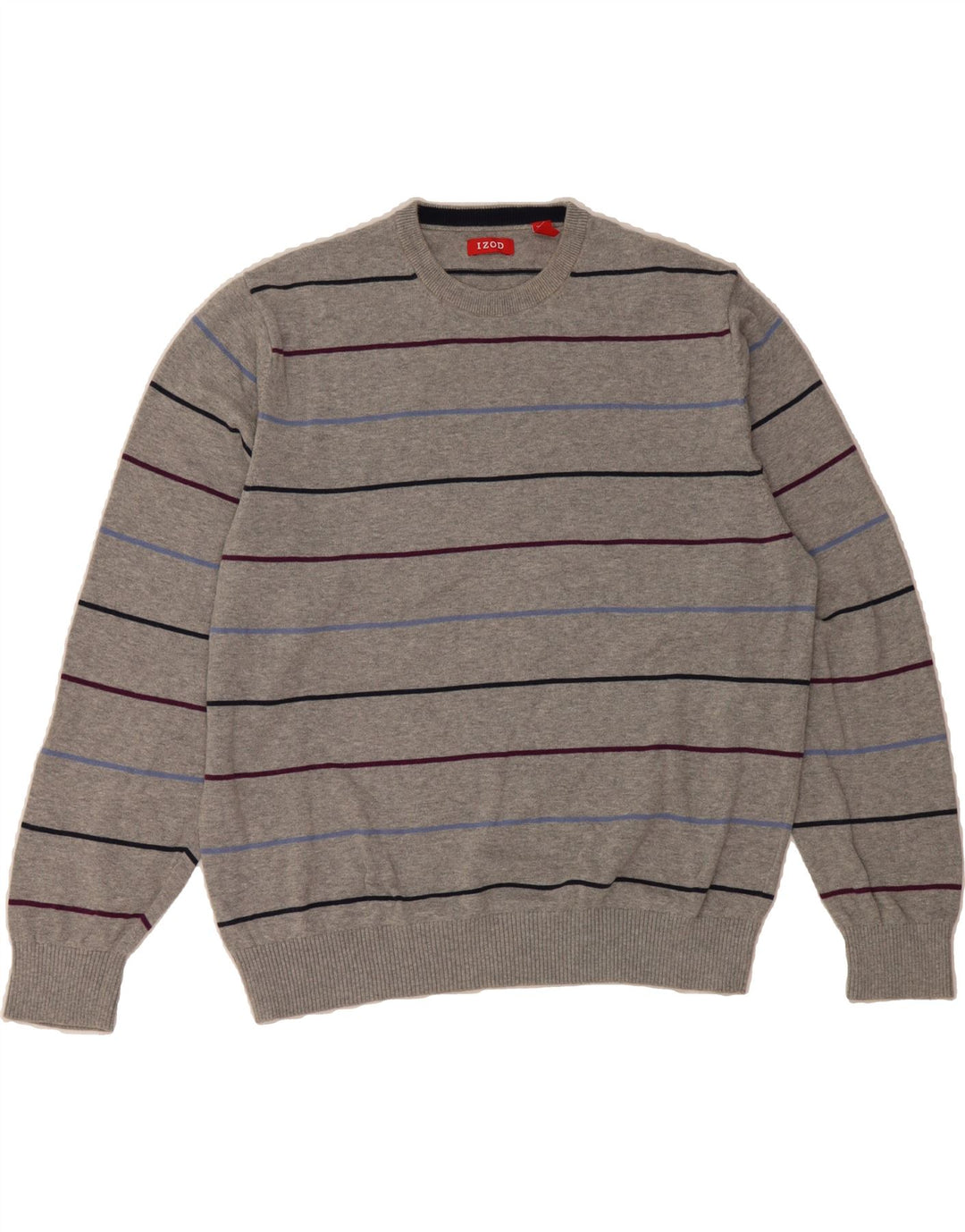 IZOD Mens Crew Neck Jumper Sweater Large Grey Striped Cotton Vintage Izod and Second-Hand Izod from Messina Hembry 