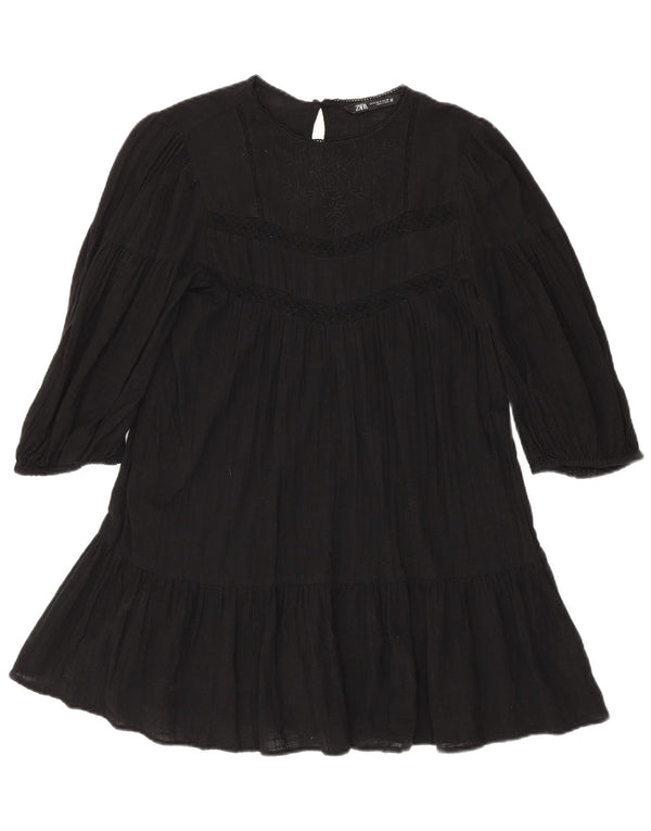 Rochie pentru femei Zara, cu mâneci 3/4, cu etaje, UK 10, bumbac floral negru mic