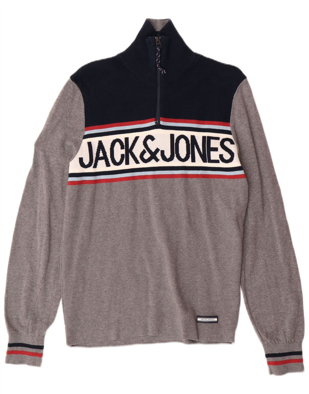 JACK & JONES Pulover pentru bărbați, cu grafică, cu fermoar, cu gât, colorat mic, gri