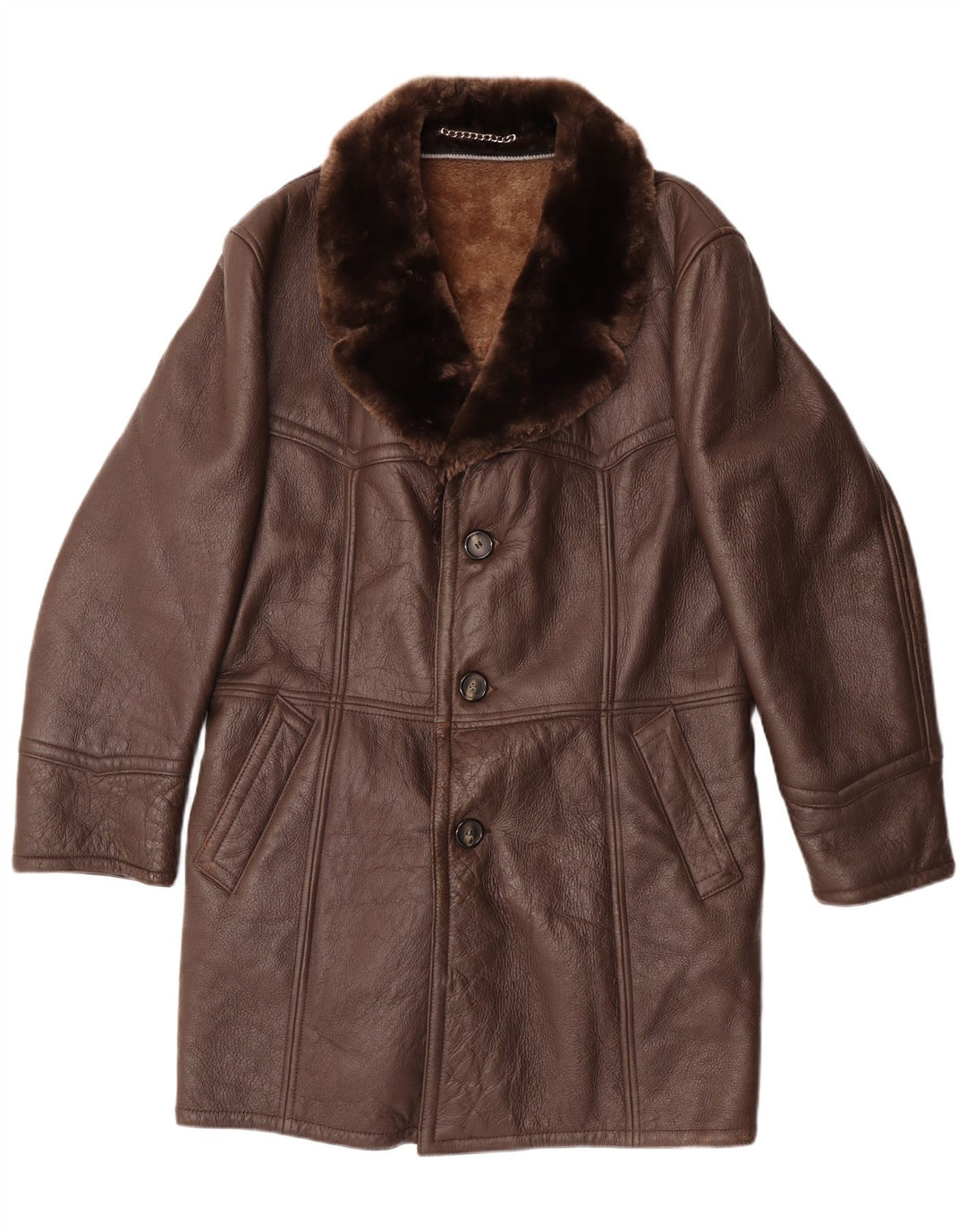 Palton vintage bărbătesc din shearling UK 36 din piele maro mică