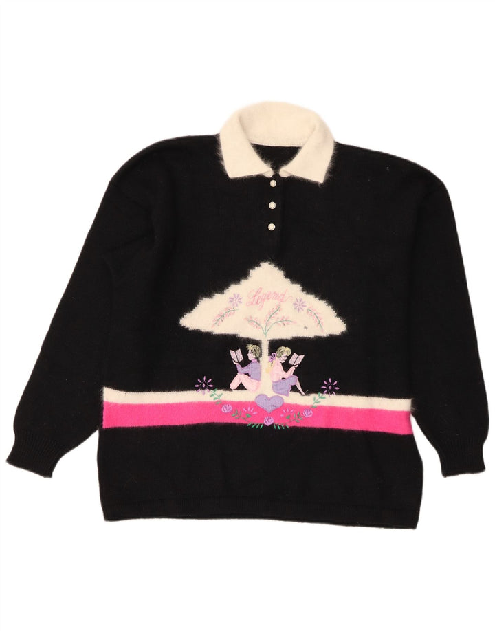 Pulover vintage cu gât polo pentru femei UK 14 Medium Black Colorblock