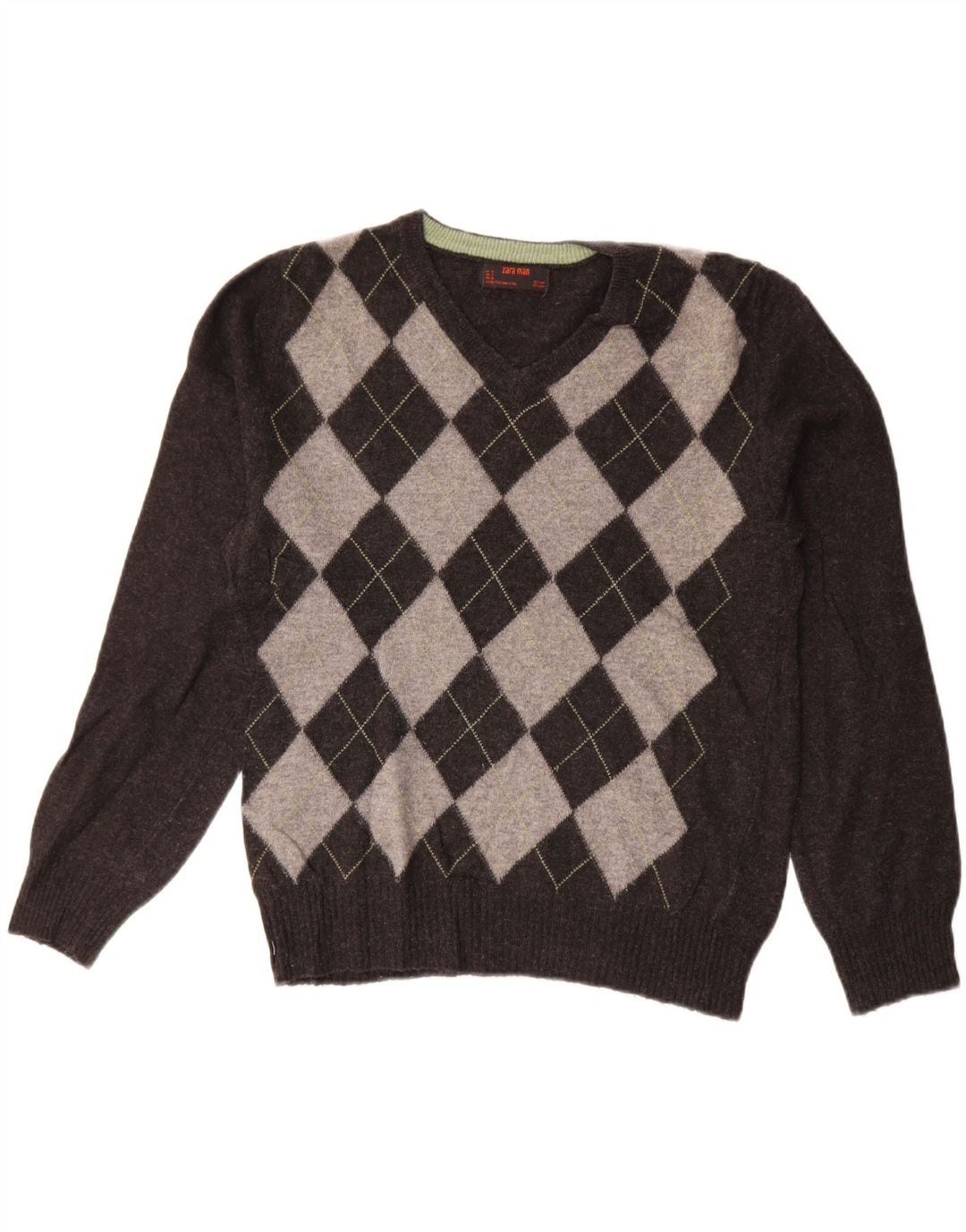 Pulover cu decolteu în V ZARA pentru bărbați, gri mediu, lână Argyle/Diamond