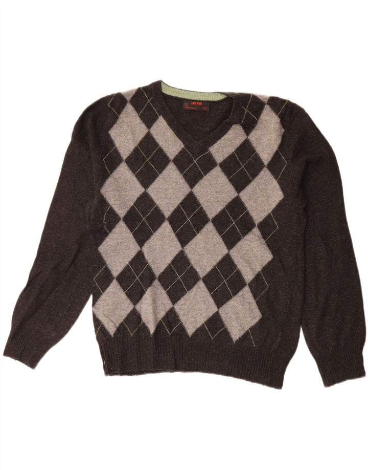 Pulover cu decolteu în V ZARA pentru bărbați, gri mediu, lână Argyle/Diamond