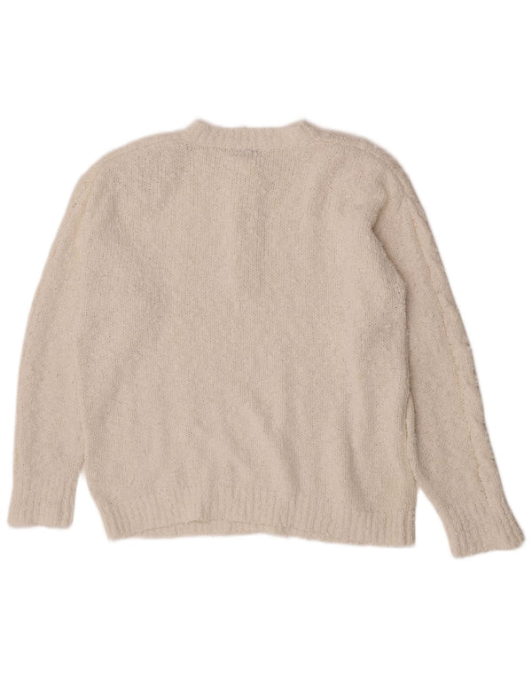 Pulover vintage pentru femei cu buton și gât UK 14 Medium White Acrilic