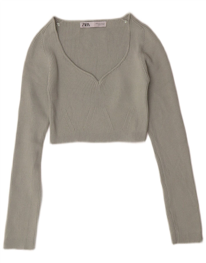 Pulover cu decolteu în V ZARA pentru femei UK 8 Poliester verde mic