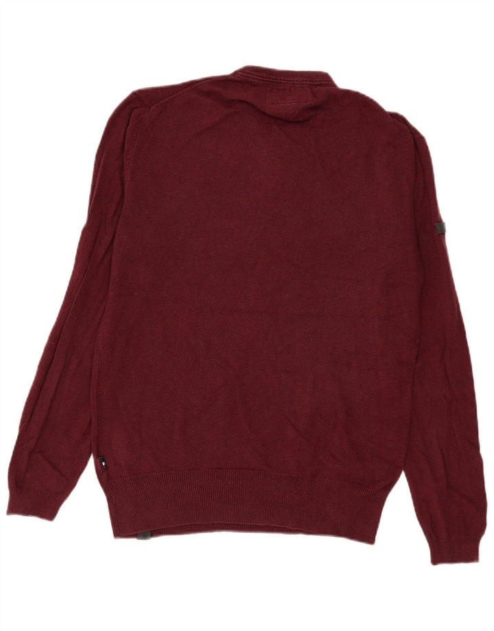 Pulover pentru bărbați Superdry cu gât cu nasturi, bumbac mic de culoare burgundă