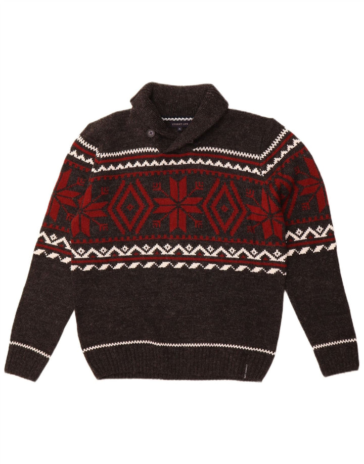 Pulover vintage pentru bărbați cu gât șal, mediu gri, Fair Isle