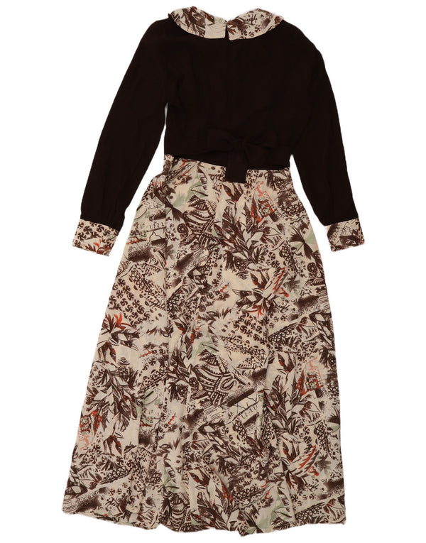 Vintage Womens Long Sleeve Maxi Dress UK 12 Medium Brown Floral