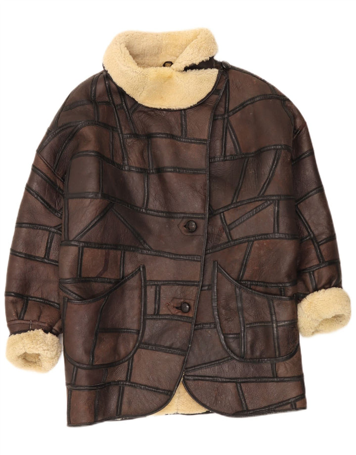 Palton vintage pentru femei din shearling UK 18 XL maro mozaic
