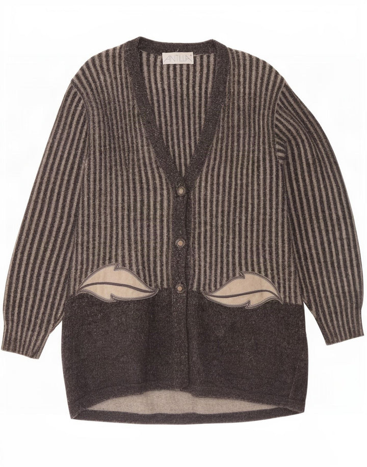 Pulover Vintage cardigan cu paragate pentru femei UK 14 Lână cu dungi gri mediu