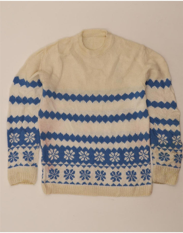Pulover VINTAGE pentru bărbați cu gât roșu, mediu alb deschis Fair Isle