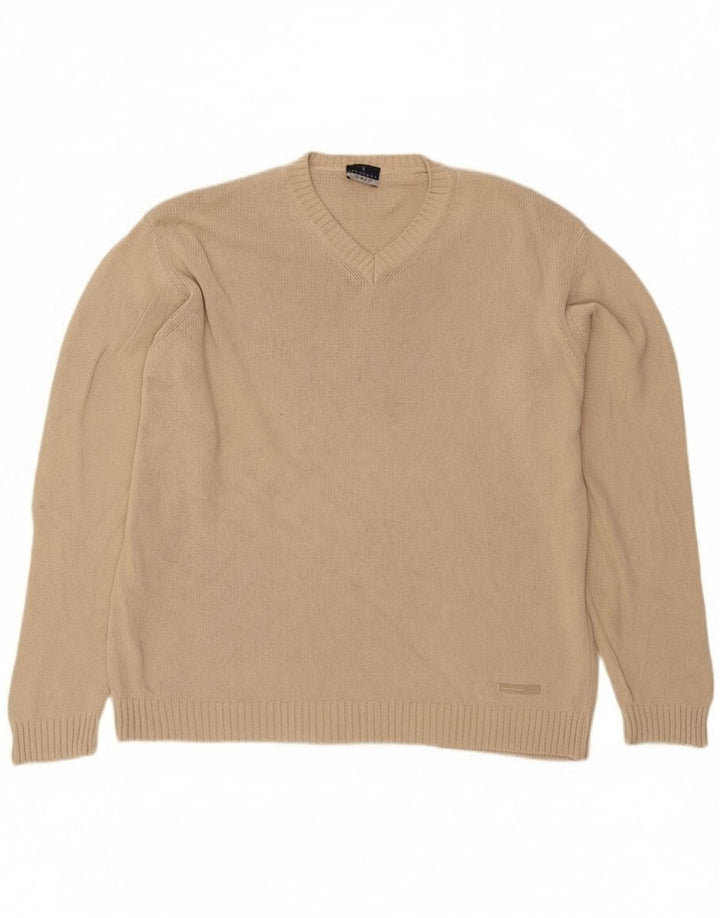 Pulover Trussardi pentru bărbați cu decolteu în V, mare, bej, bumbac
