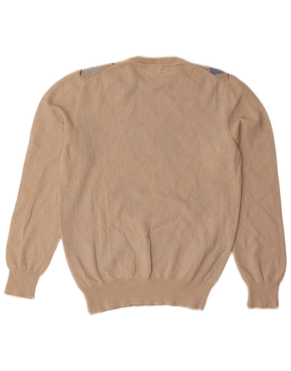 Pulover vintage pentru femei cu decolteu rotund UK 8 Small Beige Argyle/Diamond