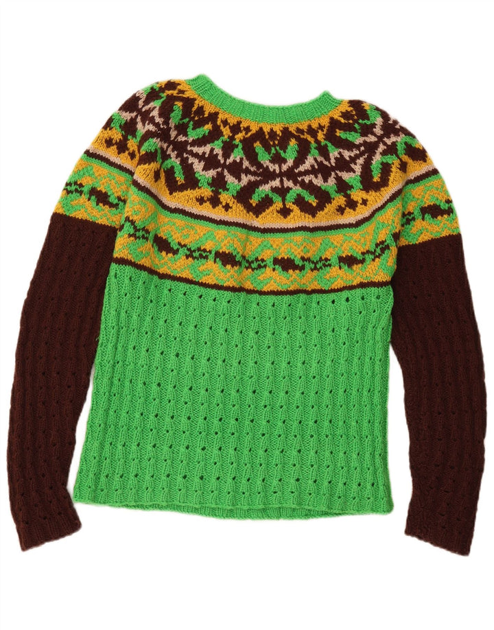 Pulover VINTAGE pentru femei cu gât de barcă UK 12 Medium Green Fair Isle