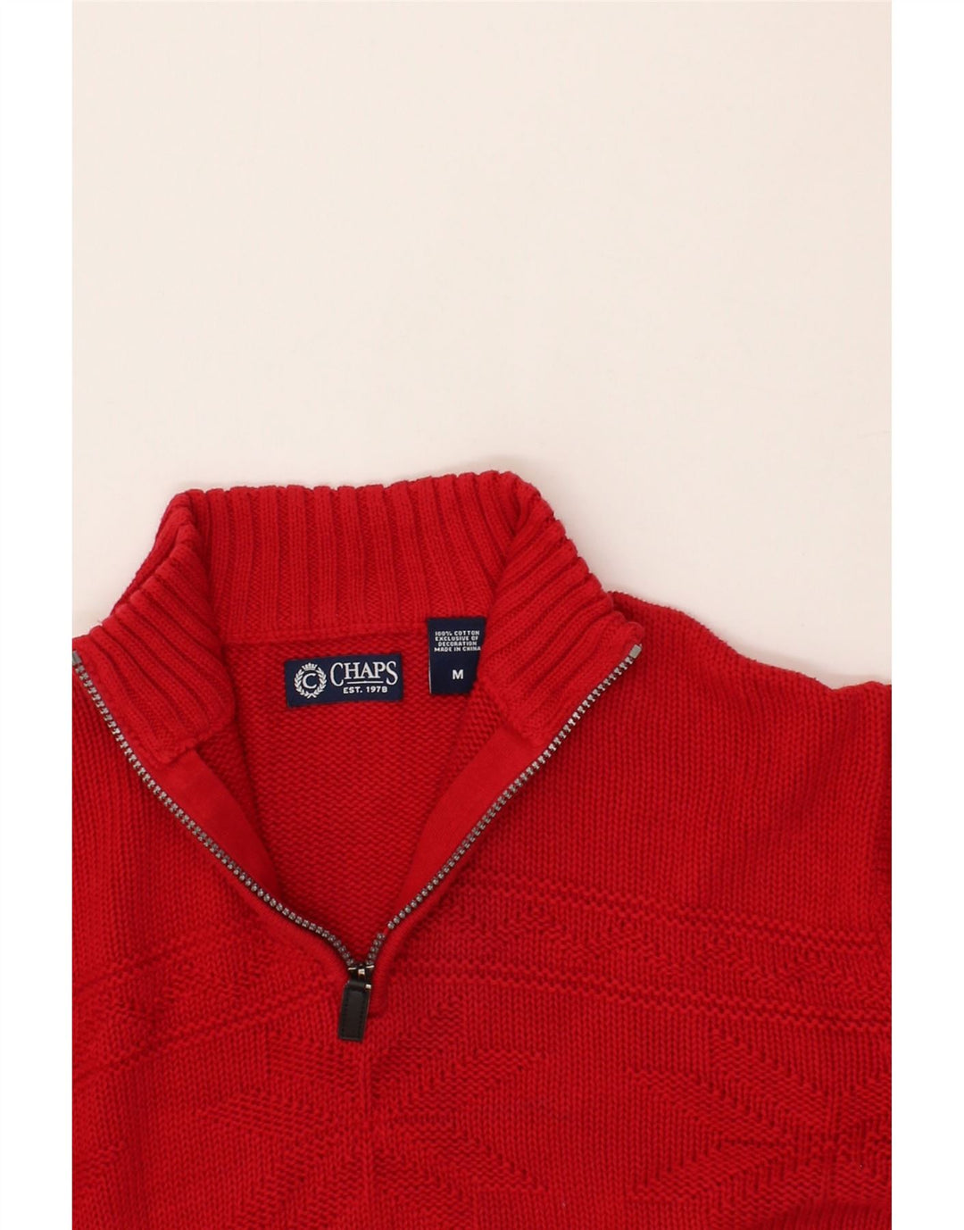 CHAPS Mens Zip Neck Jumper Sweater Medium Red Fair Isle Cotton Vintage Chaps and Second-Hand Chaps from Messina Hembry 