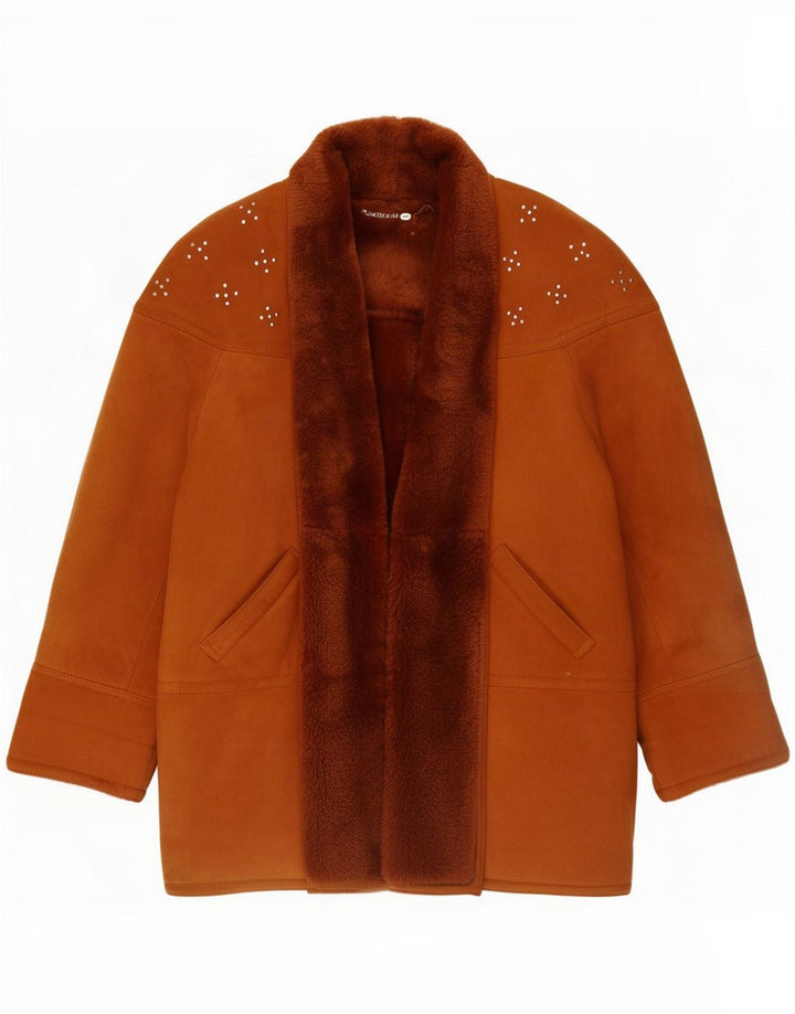 Vintage Womens Oversized Open Shearling Coat EU 36 Small Brown