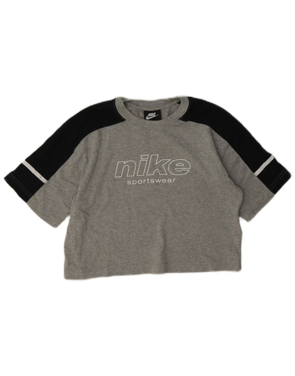 Tricou crop grafic Nike pentru femei Top UK 8 mic, gri, bumbac color bloc