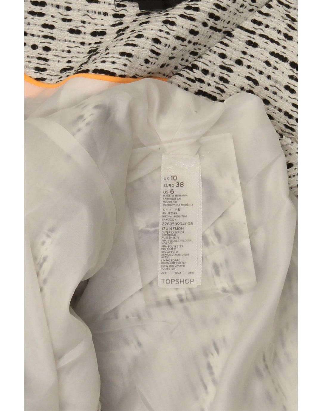 Topshop Jachetă Blazer deschisă pentru femei UK 10 Small White Fecked Viscose