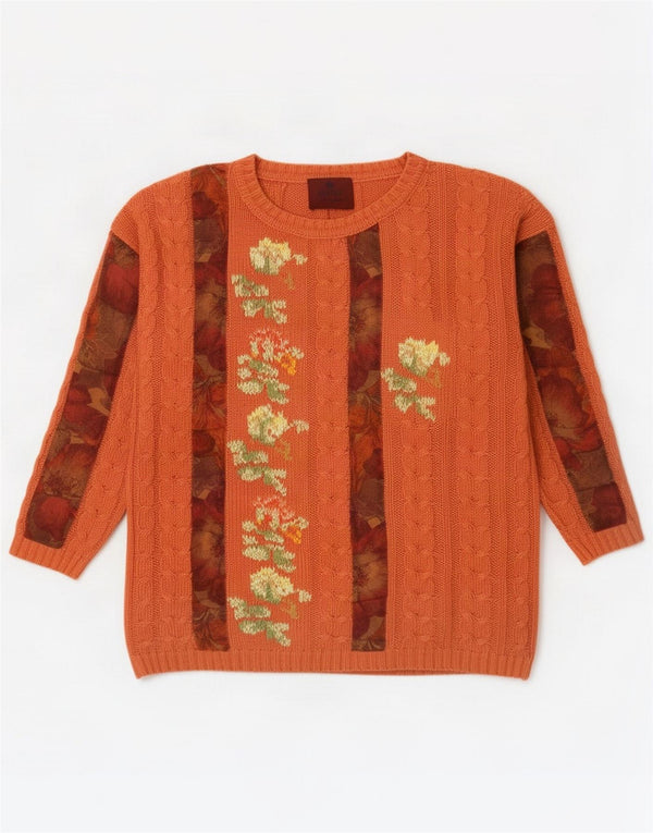 Pulover vintage pentru femei cu gât de barcă, UK 14, bumbac floral, portocaliu mediu