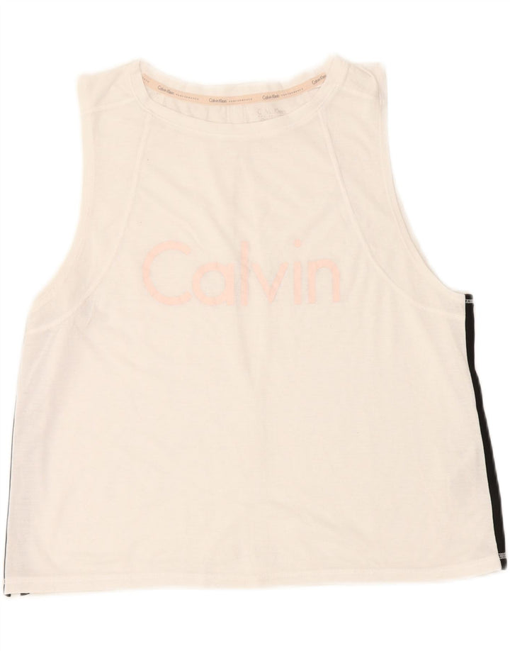 CALVIN KLEIN Womens Graphic Vest Top UK 14 Large White Polyester Vintage Calvin Klein and Second-Hand Calvin Klein from Messina Hembry 