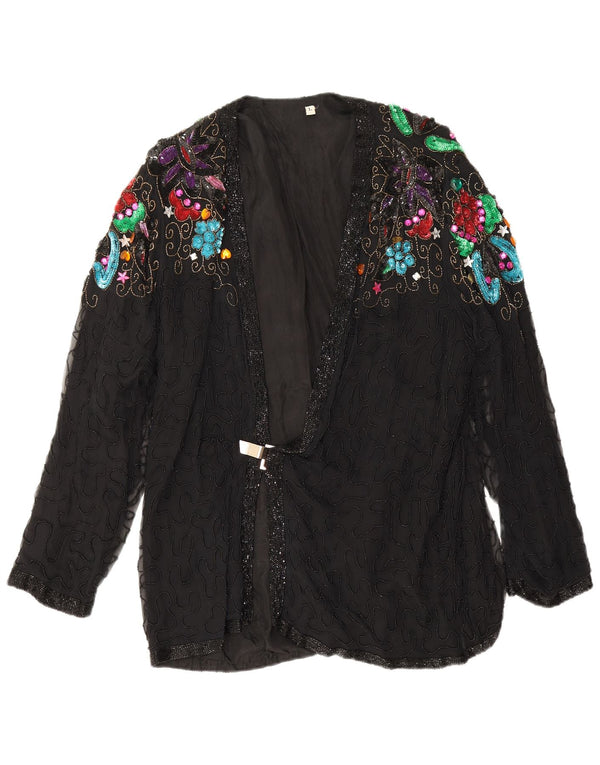 Blazer de seară vintage pentru femei UK 16, mare, neagră, mătase florală