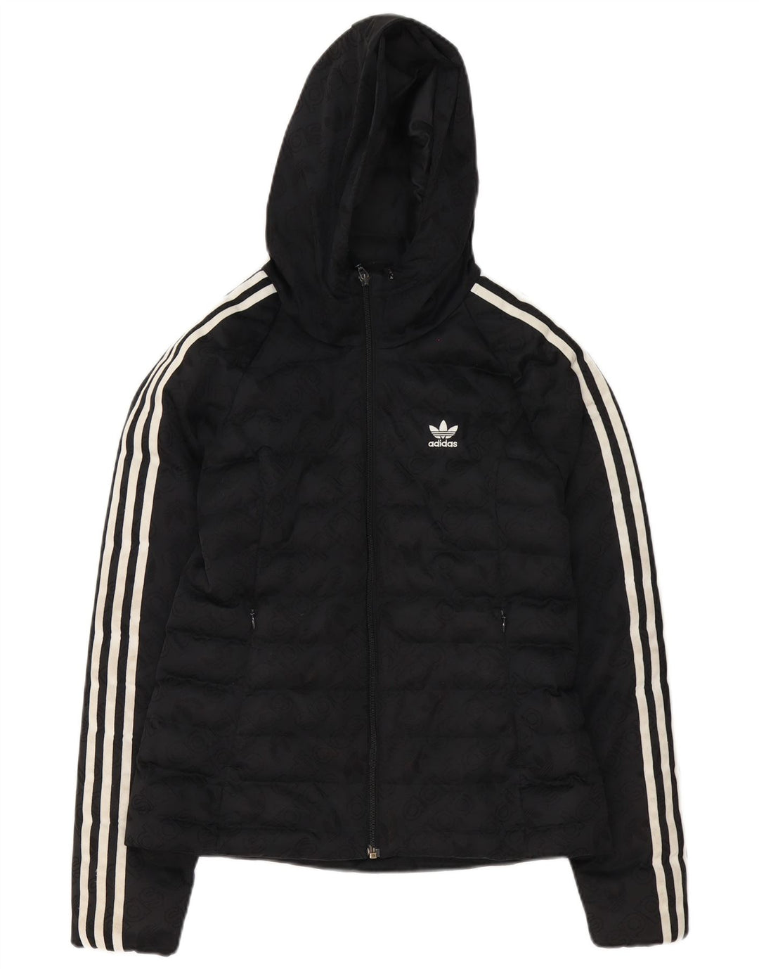 Jachetă căptușită cu glugă grafică Adidas pentru femei UK 8 Poliester negru mic