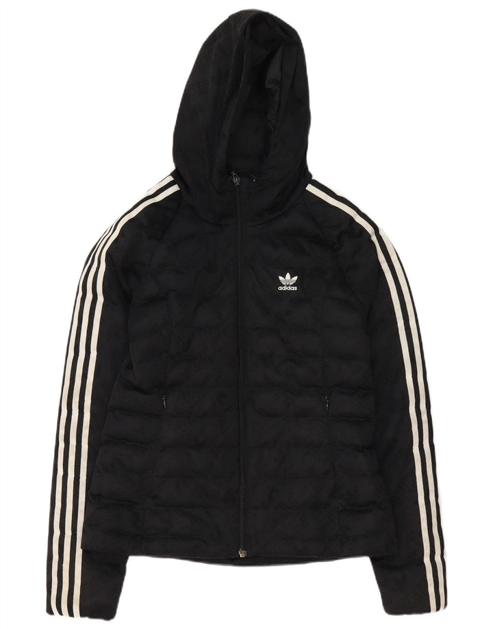 Jachetă căptușită cu glugă grafică Adidas pentru femei UK 8 Poliester negru mic