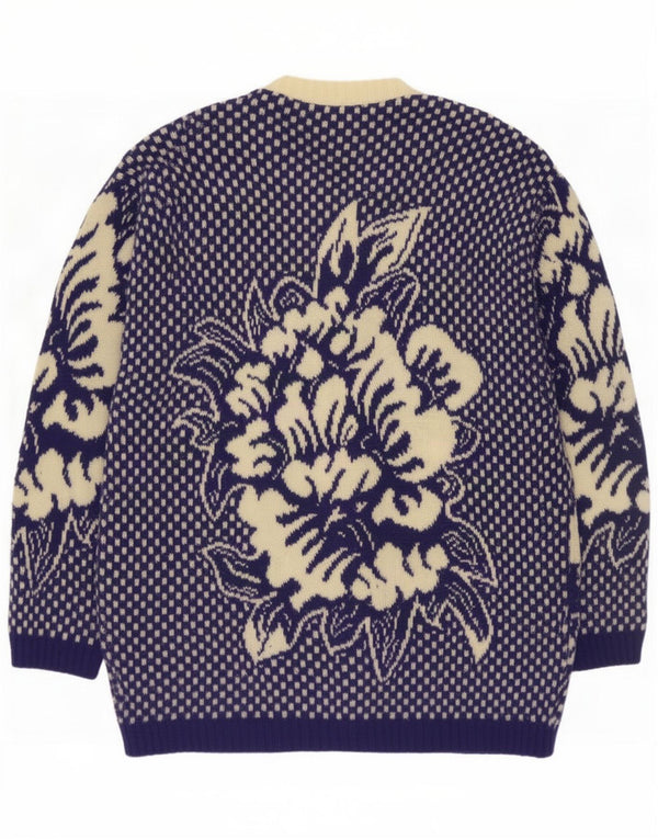 Pulover Cardigan Vintage pentru Damă UK 16 Mare Lână Floral Bleumarin