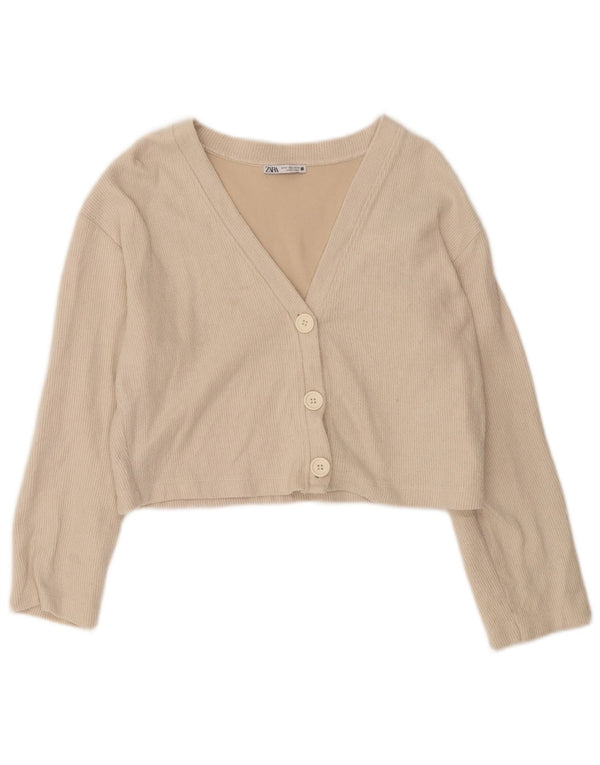 Pulover cardigan pentru femei Zara UK 14 Medium Bej Bumbac
