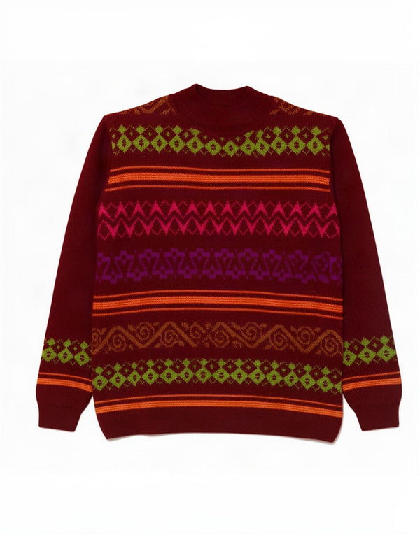 Pulover pentru femei Benetton cu gât țestoasă UK 16 Large Burgundy Fair Isle